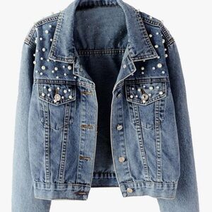 Stylish Blue Denim Jacket with Pearl Details